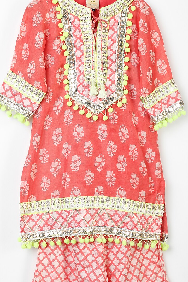 Tomato Red Printed Kurta Set For Girls by Bloomers by Amrita M at Pernia's Pop Up Shop