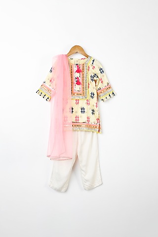 Yellow Ikat Printed Kurta Set For Girls by Bloomers by Amrita M