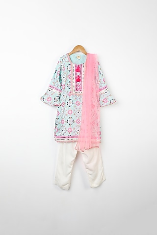 Light Blue & Pink Ikat Printed Kurta Set For Girls by Bloomers by Amrita M