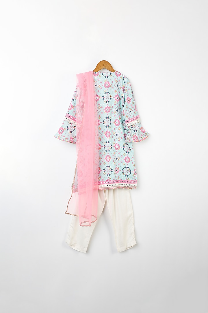 Light Blue & Pink Ikat Printed Kurta Set For Girls by Bloomers by Amrita M at Pernia's Pop Up Shop