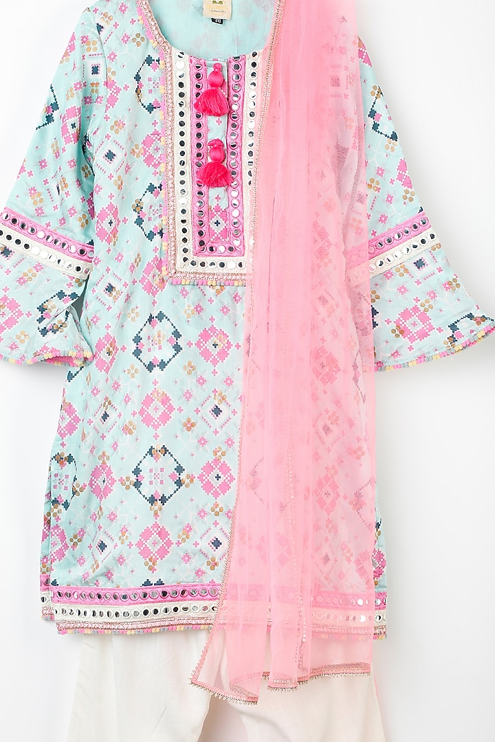 Light Blue & Pink Ikat Printed Kurta Set For Girls by Bloomers by Amrita M at Pernia's Pop Up Shop