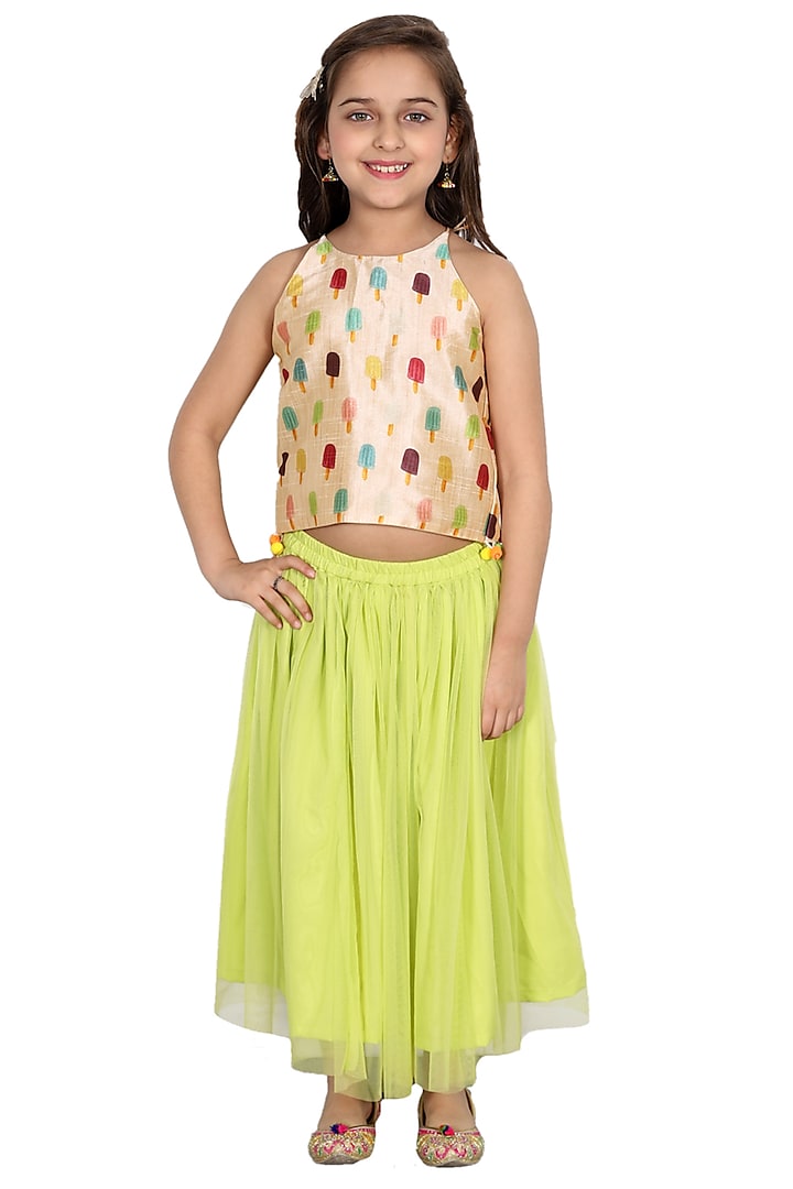 Green Embroidered Lehenga Set For Girls by Bloomers by Amrita M