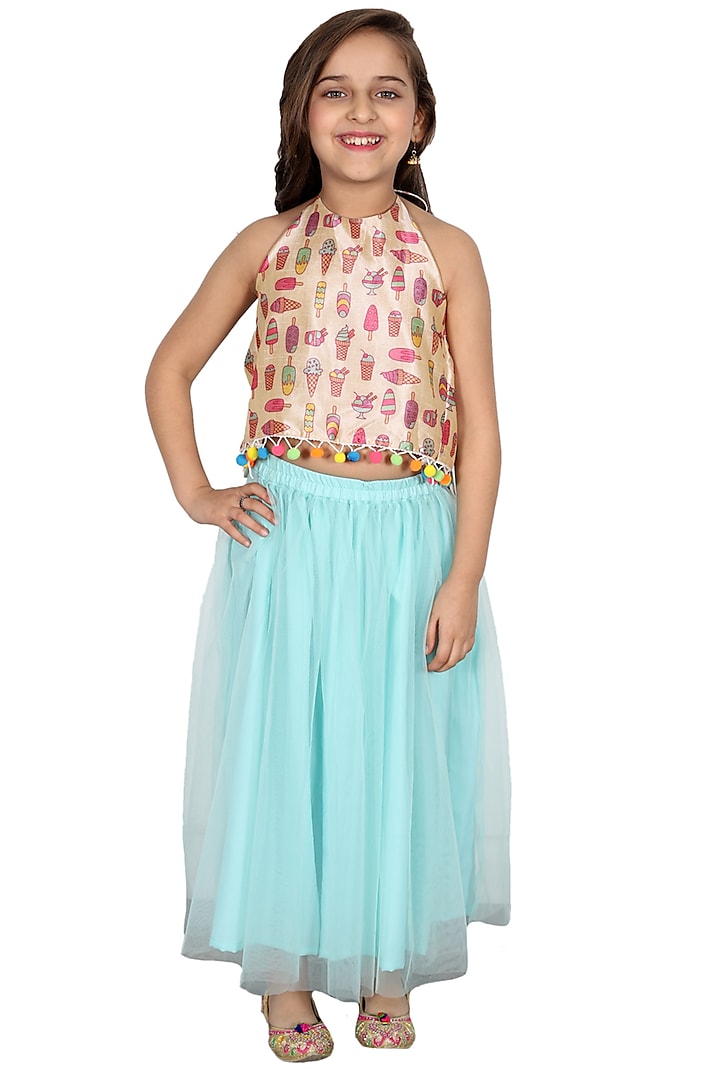Light Blue Embroidered Lehenga Set For Girls by Bloomers by Amrita M