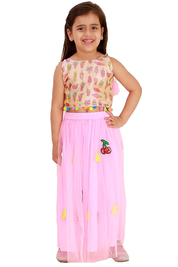 Pink Embroidered Lehenga Set For Girls by Bloomers by Amrita M