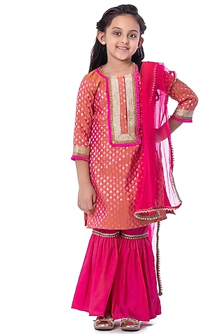 Dark Pink Silk Sharara Set For Girls by Bloomers by Amrita M