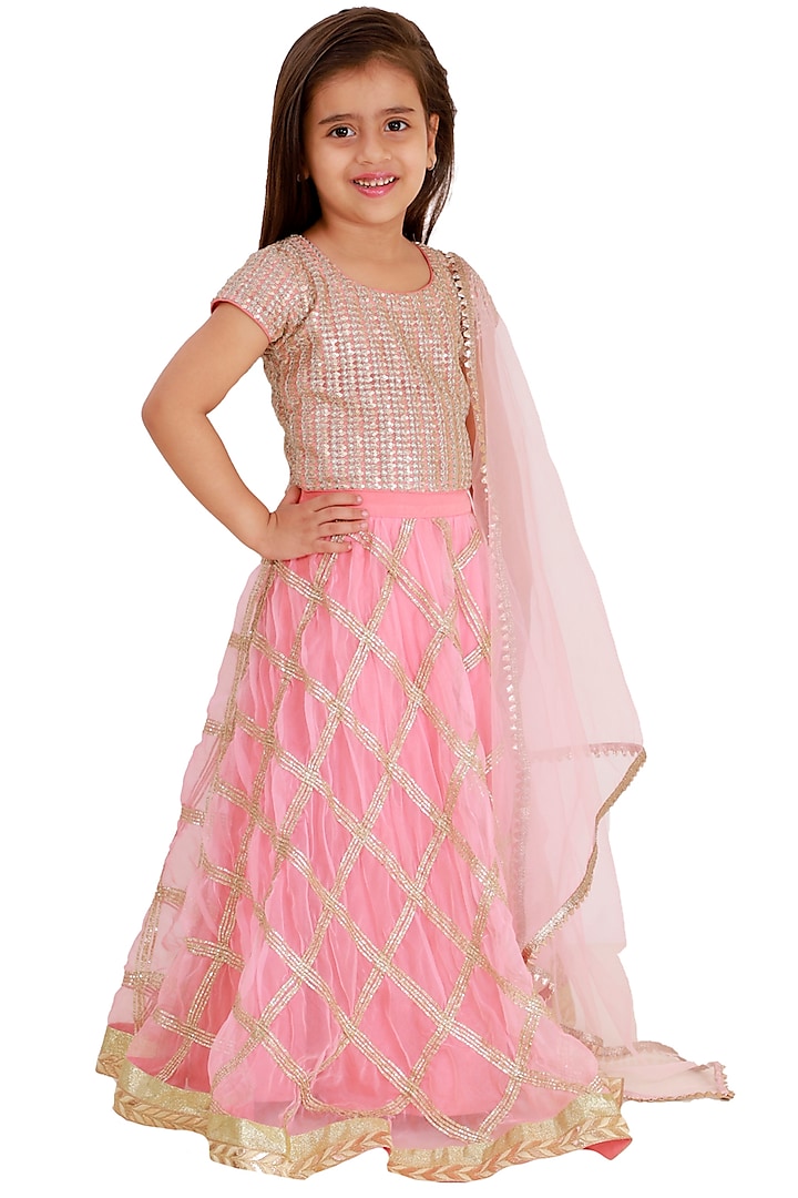 Pinkish Peach Embroidered Lehenga Set For Girls by Bloomers by Amrita M