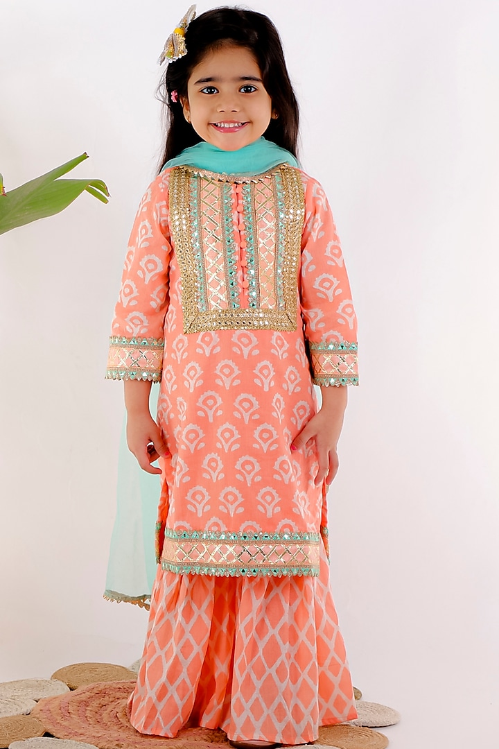 Peach Soft Cotton Sharara Set For Girls by Bloomers by Amrita M