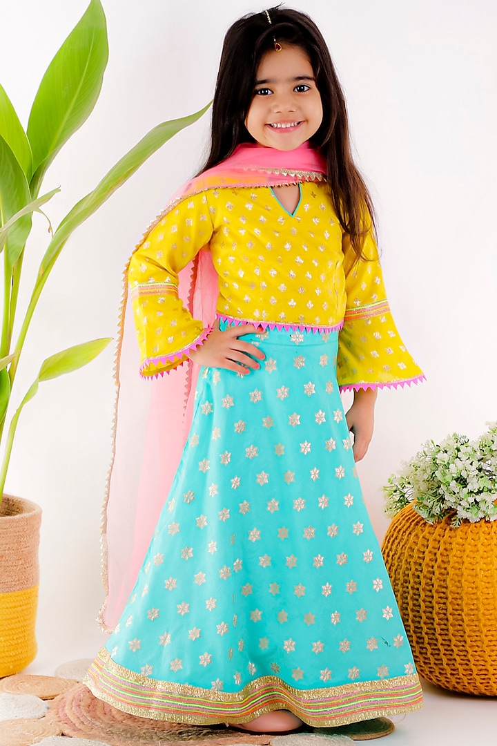 Turquoise Cotton Silk Lehenga Set For Girls by Bloomers by Amrita M