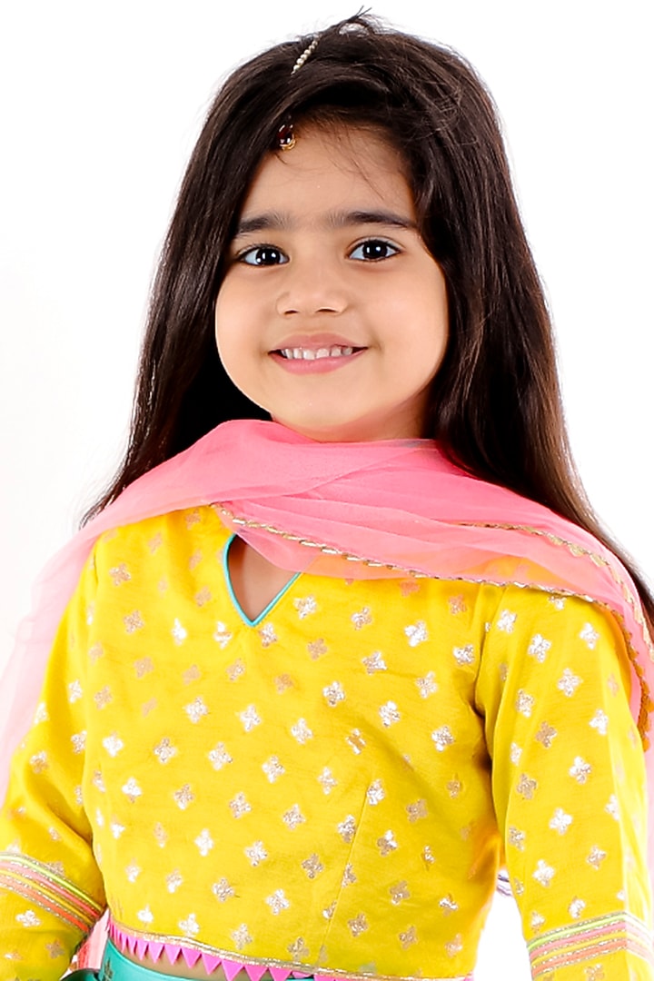 Turquoise Cotton Silk Lehenga Set For Girls by Bloomers by Amrita M at Pernia's Pop Up Shop