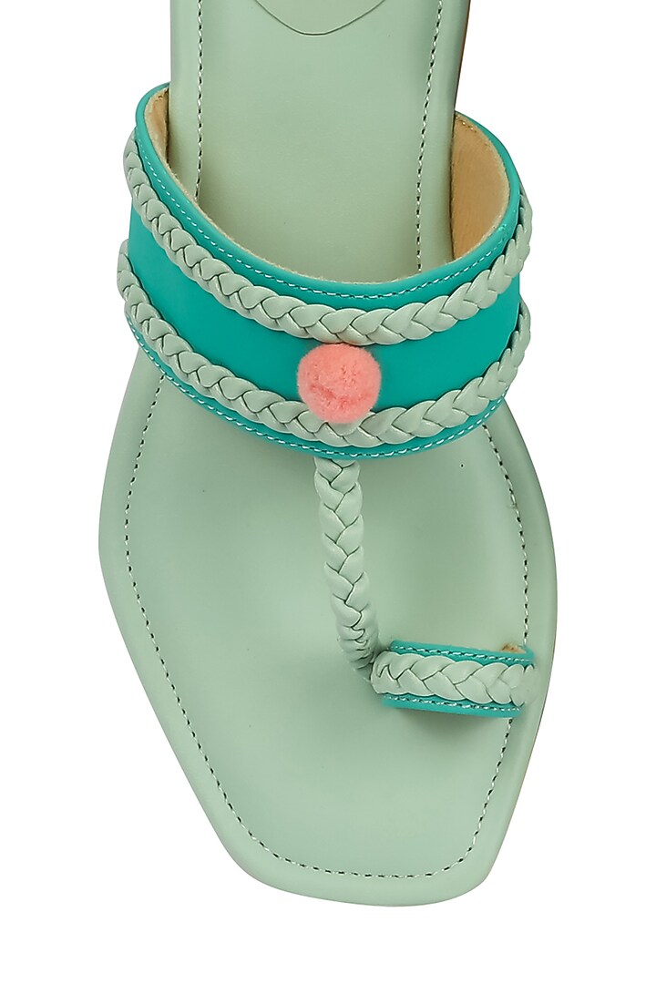 Pastel Mint Blue Kolhapuris With Pom-Poms by Bombay Brown at Pernia's Pop Up Shop
