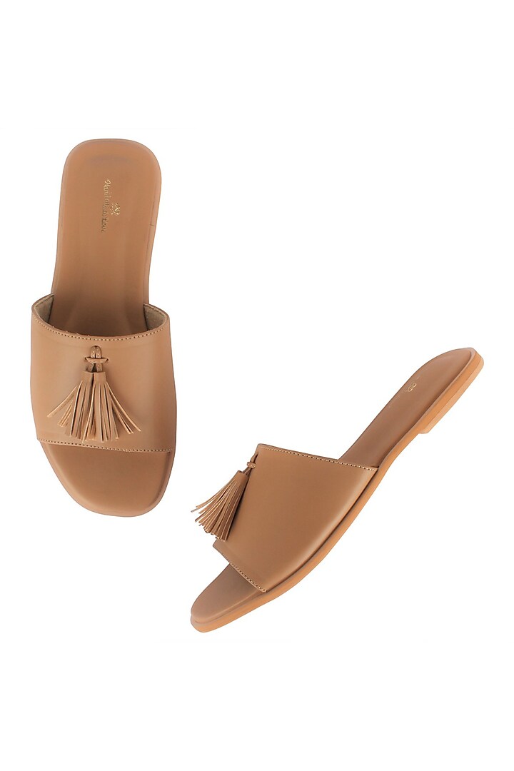 Beige Leather Flat Sliders by Bombay Brown at Pernia's Pop Up Shop