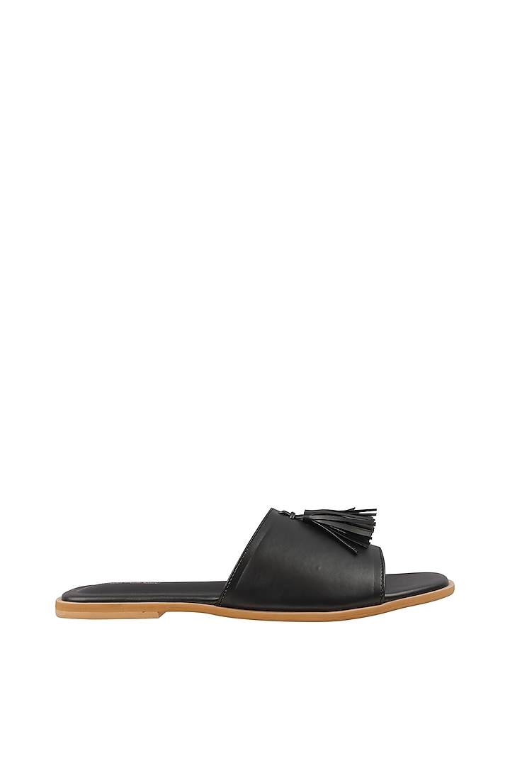 Black Flat Sliders With Tassels by Bombay Brown