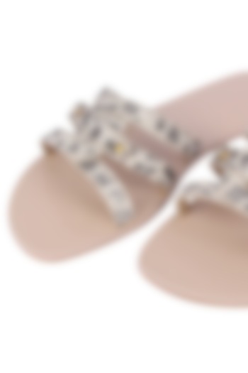 White Leopard Printed Flat Sliders by Bombay Brown