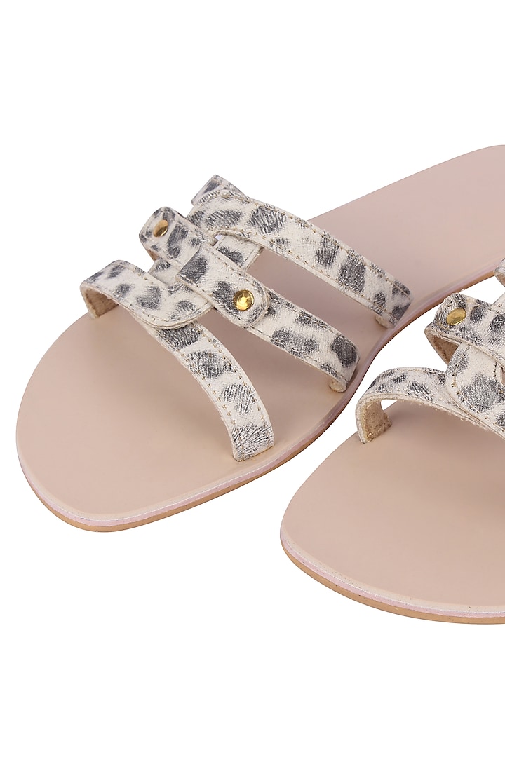 White Leopard Printed Flat Sliders by Bombay Brown