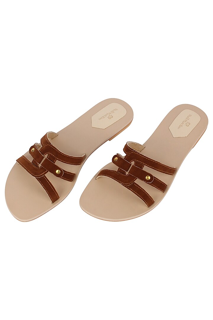 Tan Flat Sliders With Cut Panels by Bombay Brown