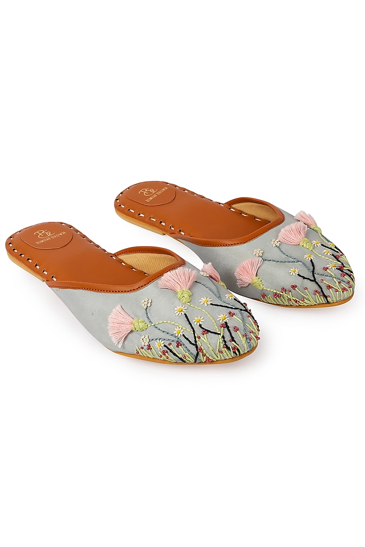 Ice Blue Floral Embroidered Mules by Bombay Brown