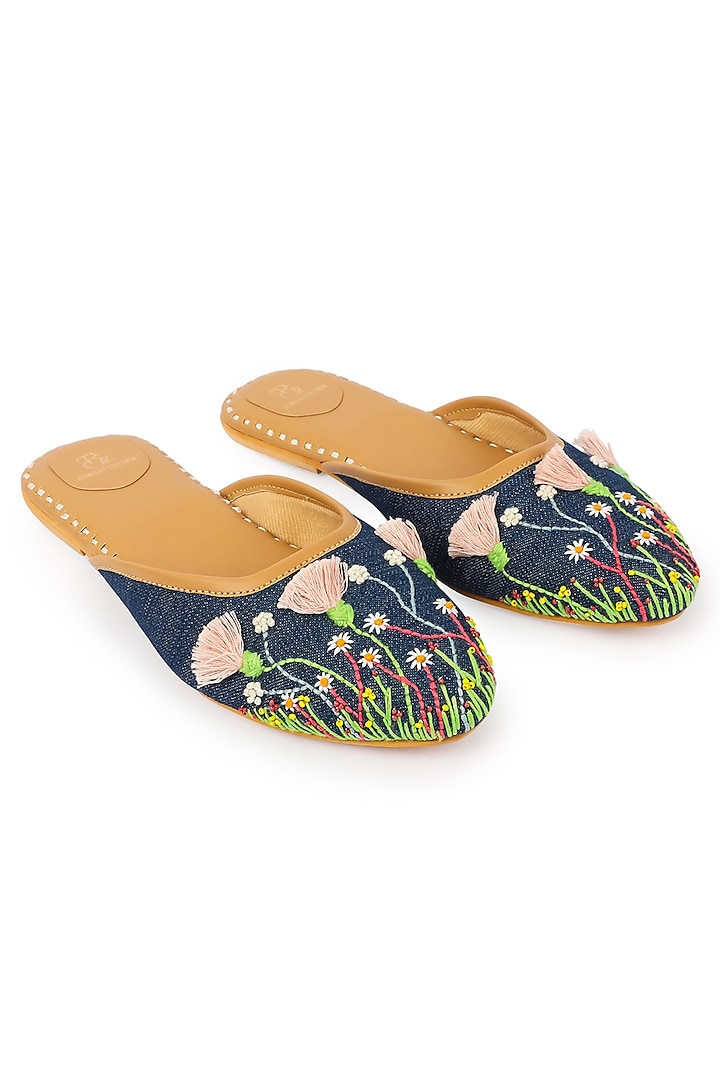 Denim Blue Flora Embroidered Mules by Bombay Brown at Pernia's Pop Up Shop