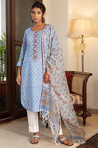 Sky Blue Printed Kurta With Dupatta by Inara Jaipur