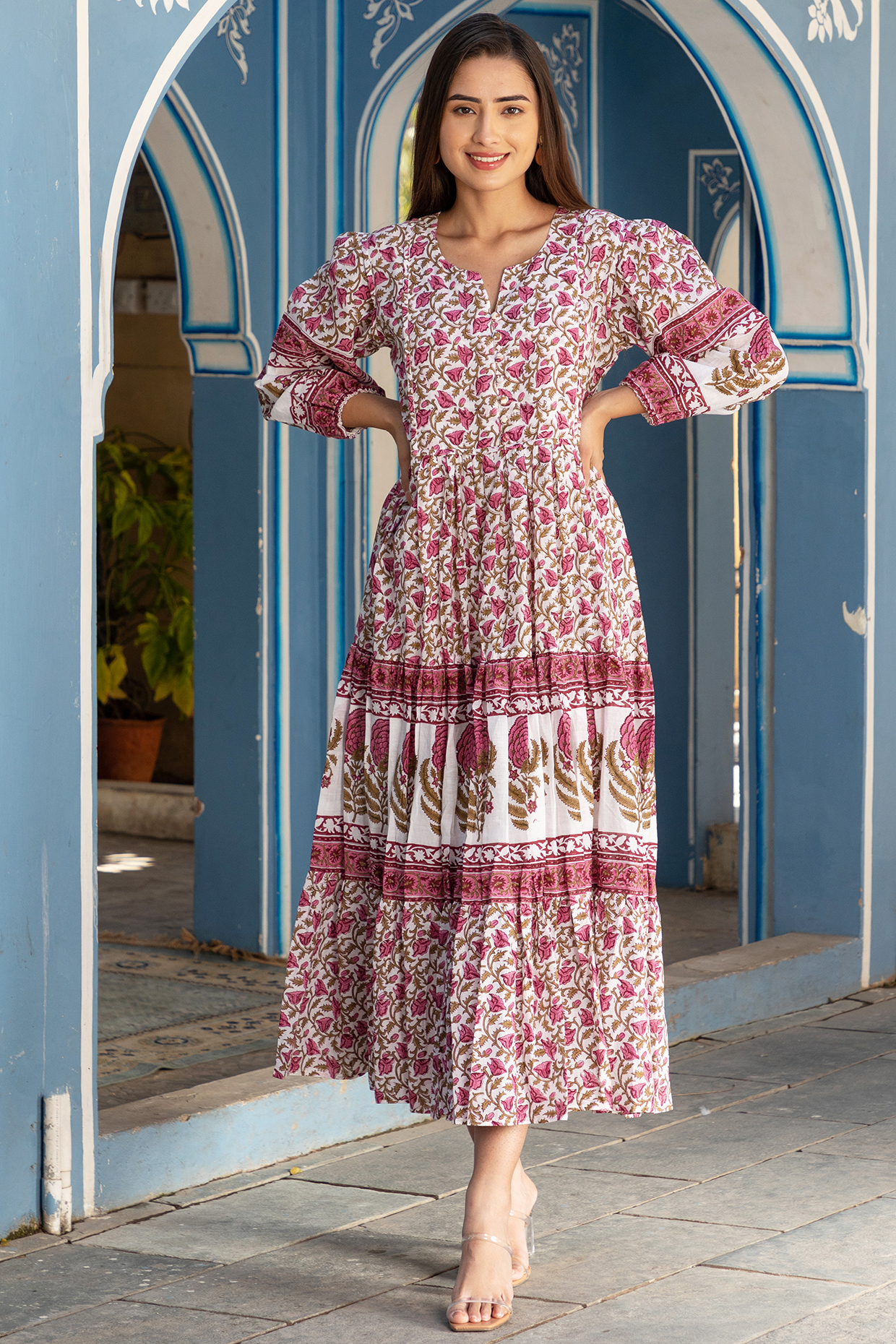Pink & Olive Green Printed Dress by Inara Jaipur