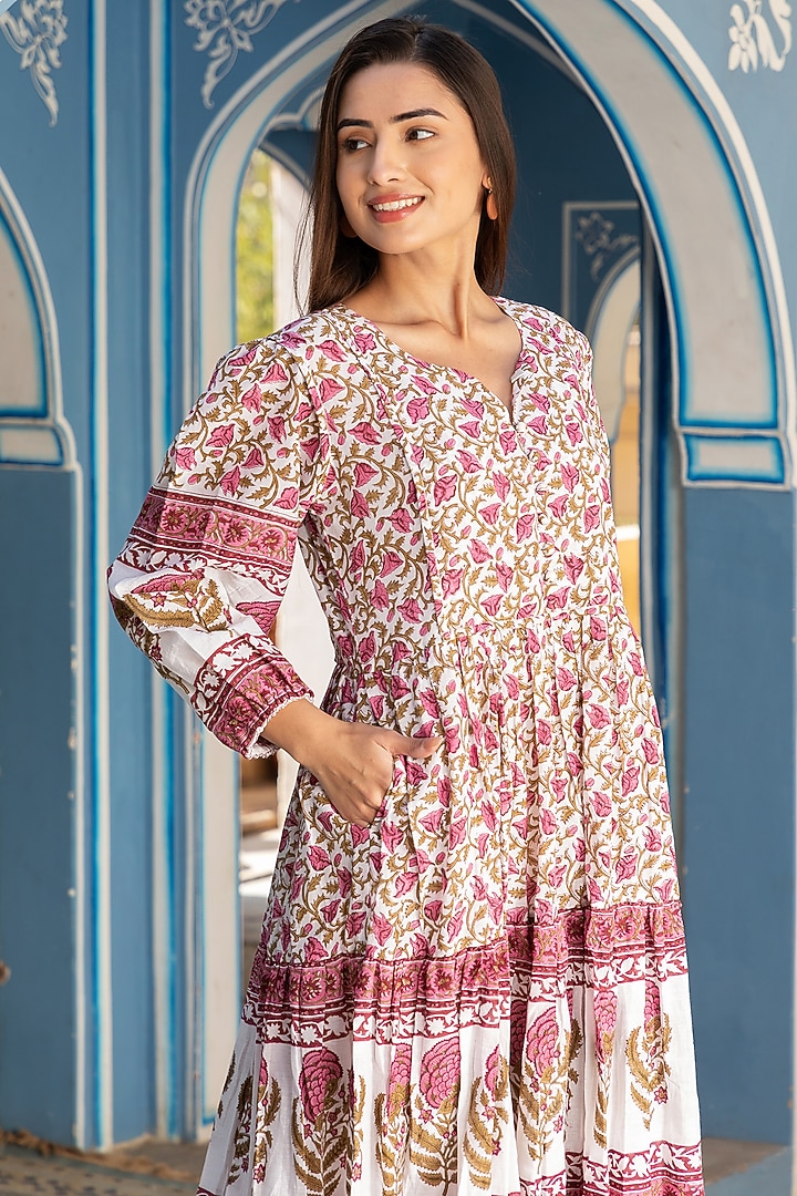 Pink & Olive Green Printed Summer Dress by Inara Jaipur at Pernia's Pop Up Shop