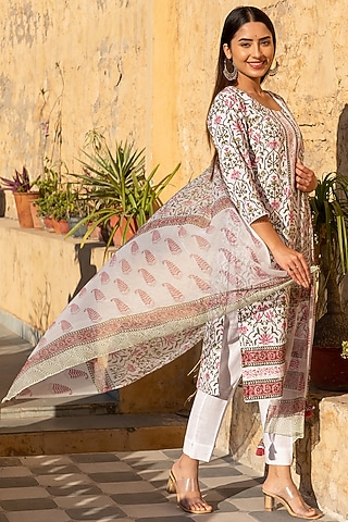 White & Pink Hand Block Printed Kurta Set by Inara Jaipur