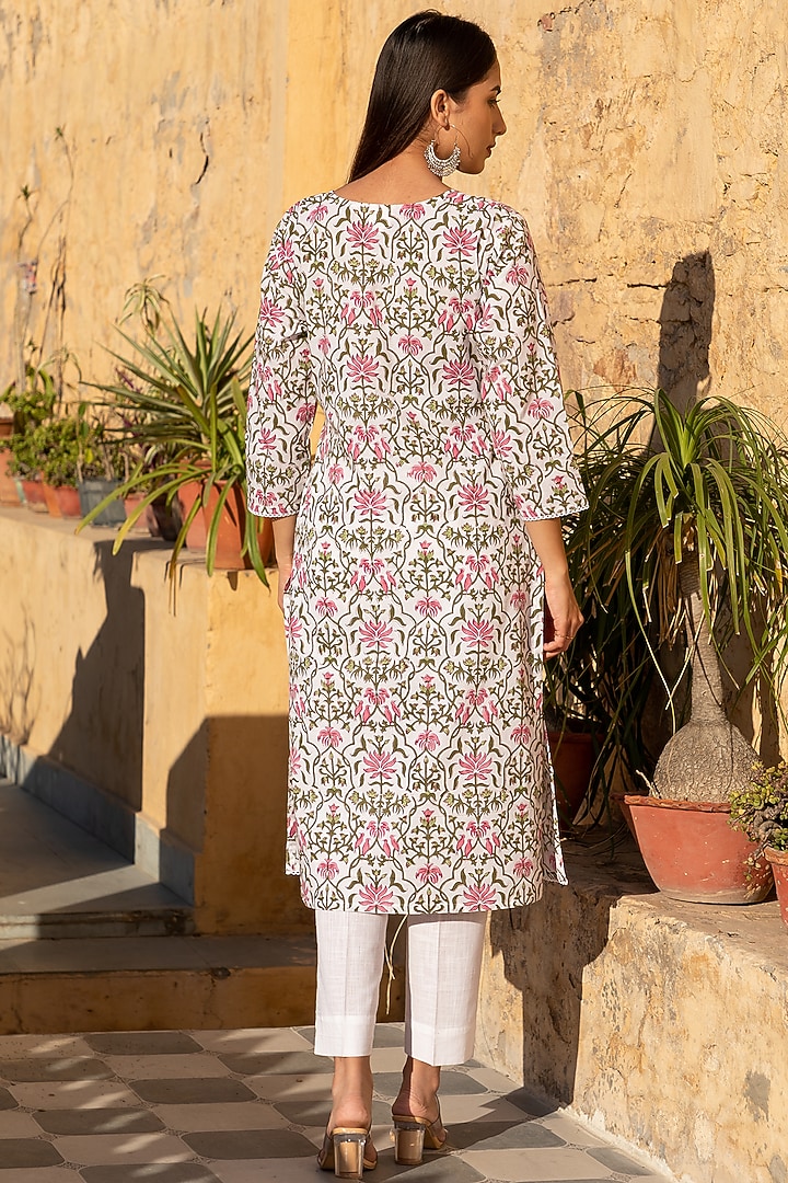 White & Pink Hand Block Printed Kurta Set by Inara Jaipur at Pernia's Pop Up Shop