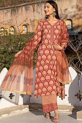 Red block Printed Kurta Set by Inara Jaipur