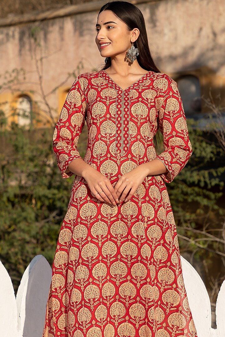 Red block Printed Kurta Set by Inara Jaipur at Pernia's Pop Up Shop