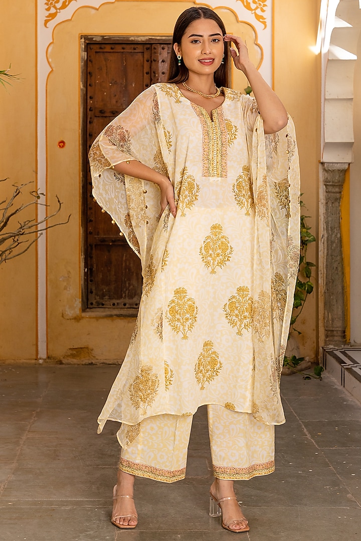 White & Yellow Printed Kaftan Set by Inara Jaipur