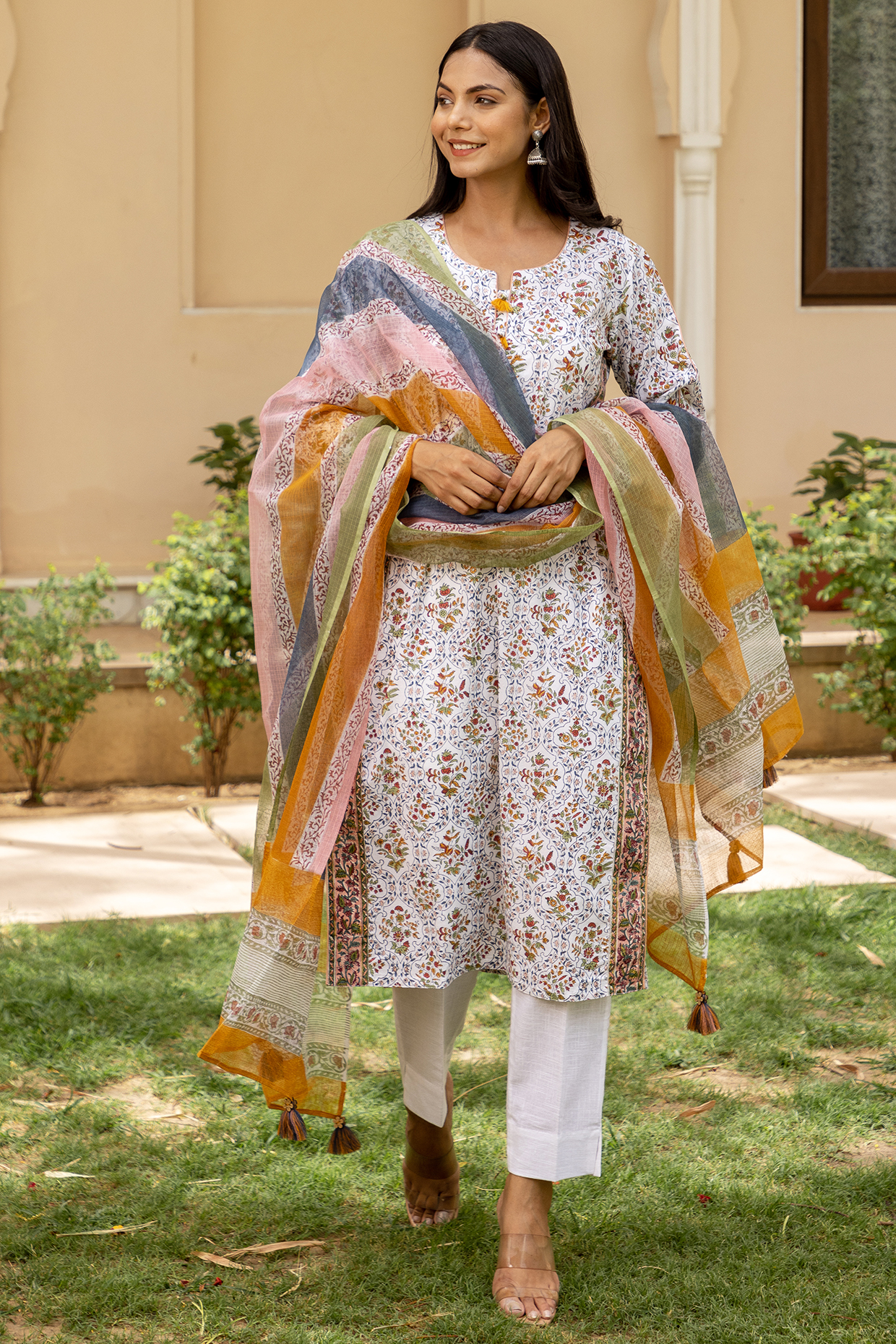 White Hand Block Printed Kurta Set by Inara Jaipur at Pernia's Pop Up Shop