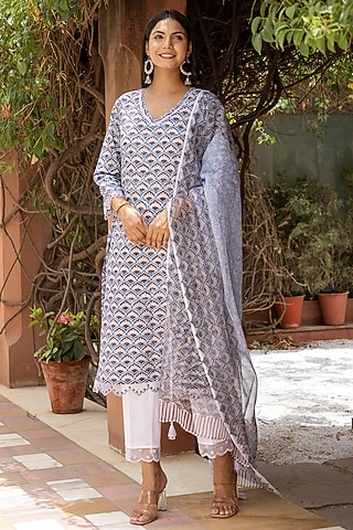 Blue Printed Kurta Set by Inara Jaipur