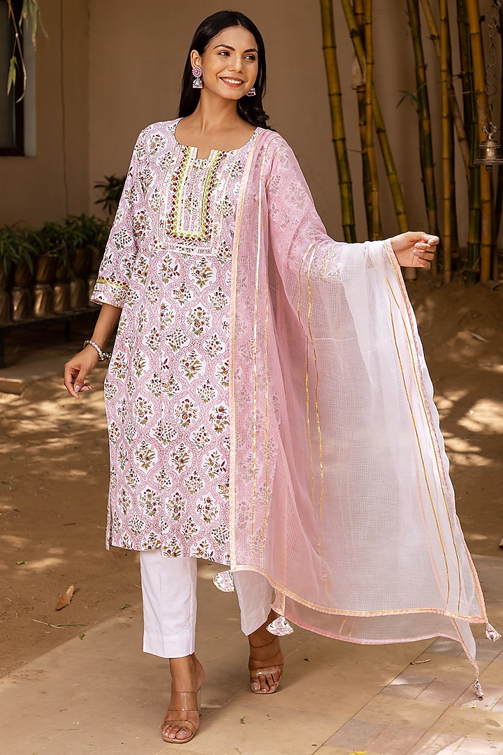 Pink Kurta Set With Print by Inara Jaipur