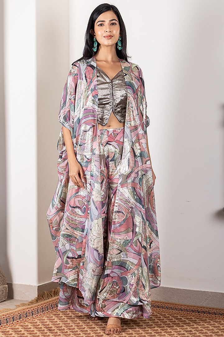 Multi-Colored Imported Georgette Abstract Printed Jacket Set by Inara Jaipur at Pernia's Pop Up Shop