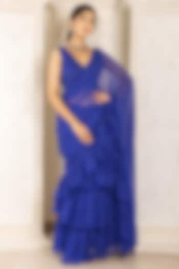 Blue Georgette Leheriya Printed Ruffled Saree Set by Inara Jaipur