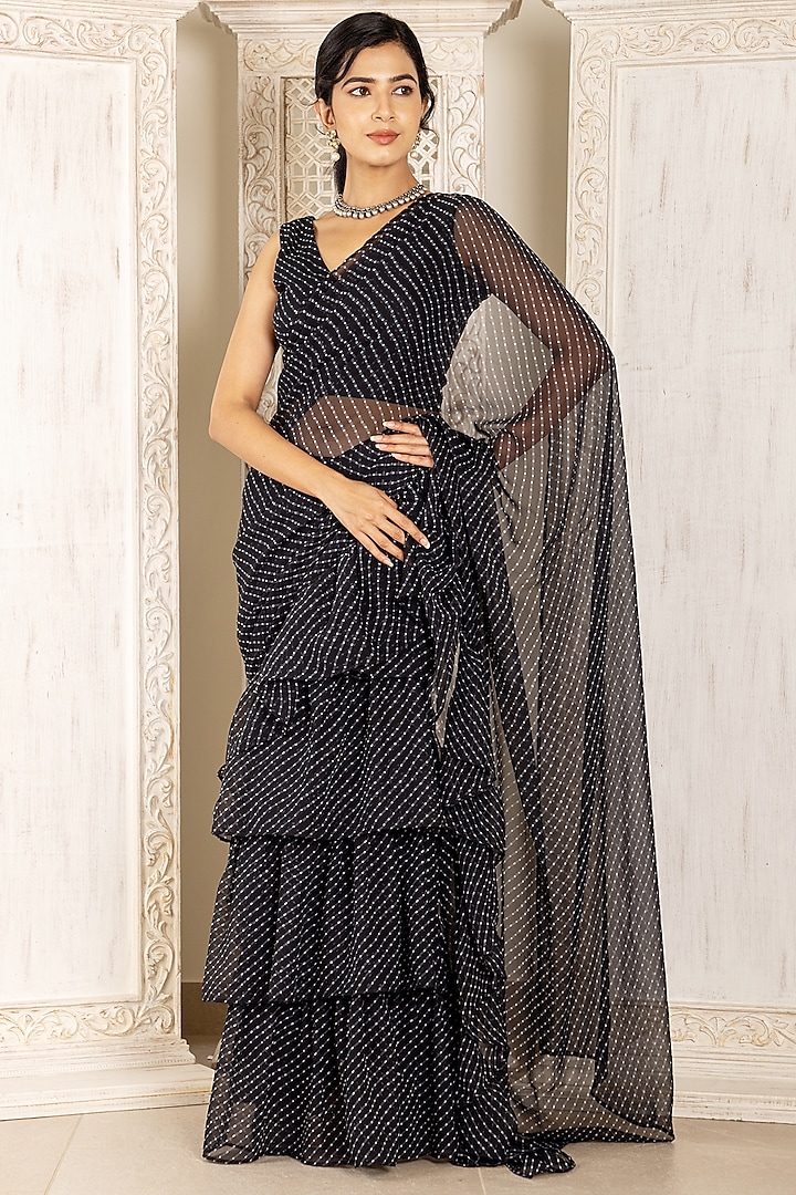 Black Georgette Leheriya Printed Saree Set by Inara Jaipur