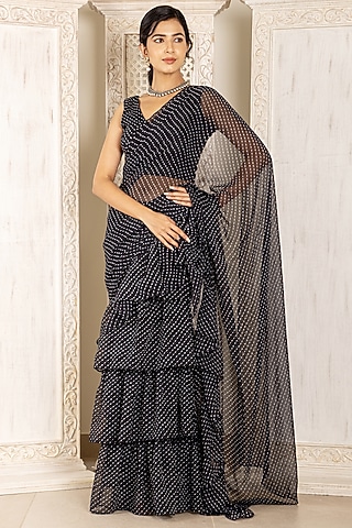 Black Georgette Leheriya Printed Saree Set by Inara Jaipur