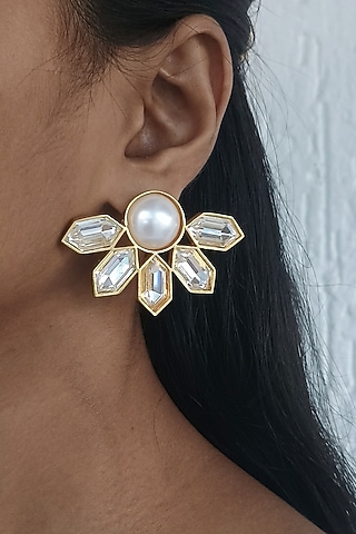 Gold Plated Swarovski Crystal & Pearl Stud Earrings by BBLINGG