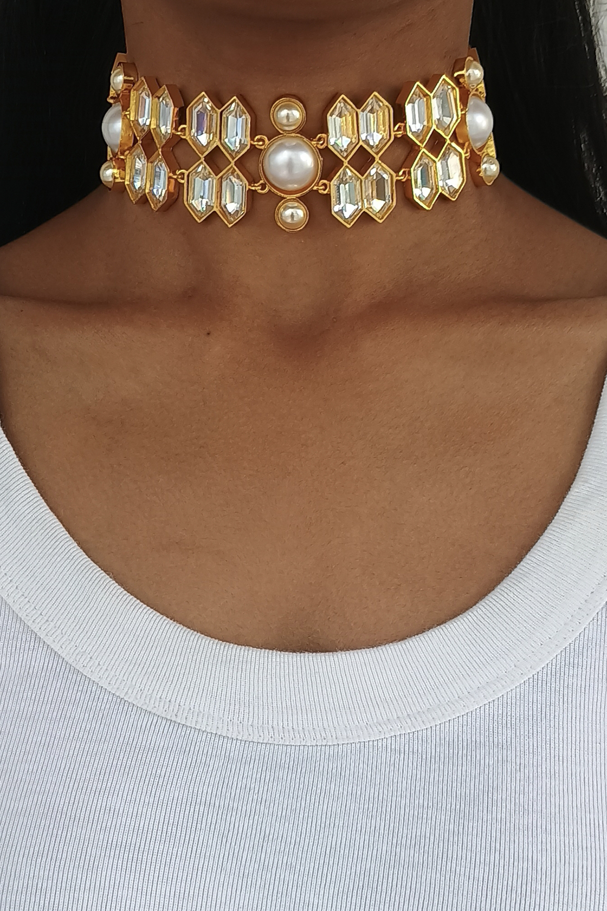 Gold Plated Swarovski Crystal & Pearl Adjustable Choker Necklace by BBLINGG at Pernia's Pop Up Shop