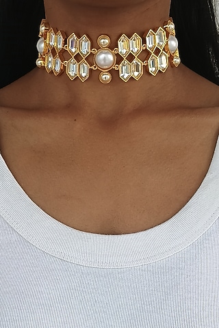 Gold Plated Swarovski Crystal & Pearl Adjustable Choker Necklace by BBLINGG
