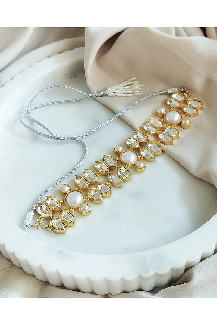 Gold Plated Swarovski Crystal & Pearl Adjustable Choker Necklace by BBLINGG at Pernia's Pop Up Shop