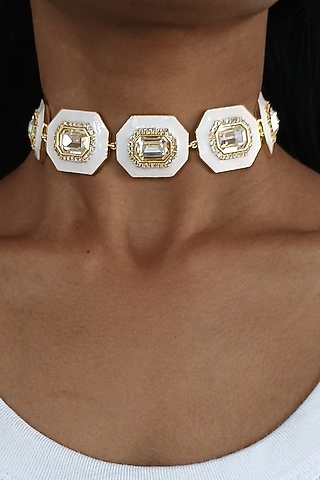 Gold Plated Swarovski & CZ Crystal White Enameled Adjustable Choker Necklace by BBLINGG