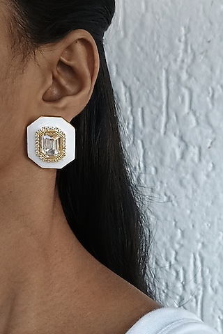 Gold Plated Swarovski & CZ Crystal White Enameled Stud Earrings by BBLINGG