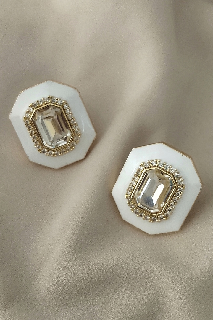 Gold Plated Swarovski & CZ Crystal White Enameled Stud Earrings by BBLINGG at Pernia's Pop Up Shop