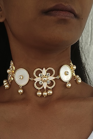 Gold Plated Mother Of Pearl & Swarovski Crystal Adjustable Choker Necklace by BBLINGG
