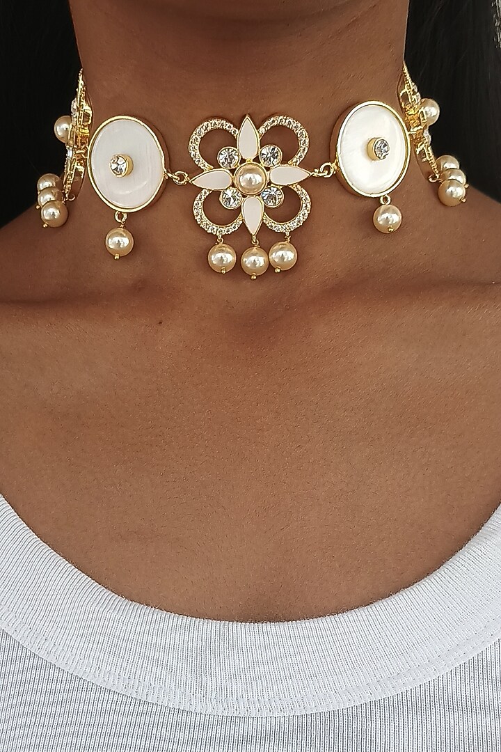Gold Plated Mother Of Pearl & Swarovski Crystal Adjustable Choker Necklace by BBLINGG at Pernia's Pop Up Shop