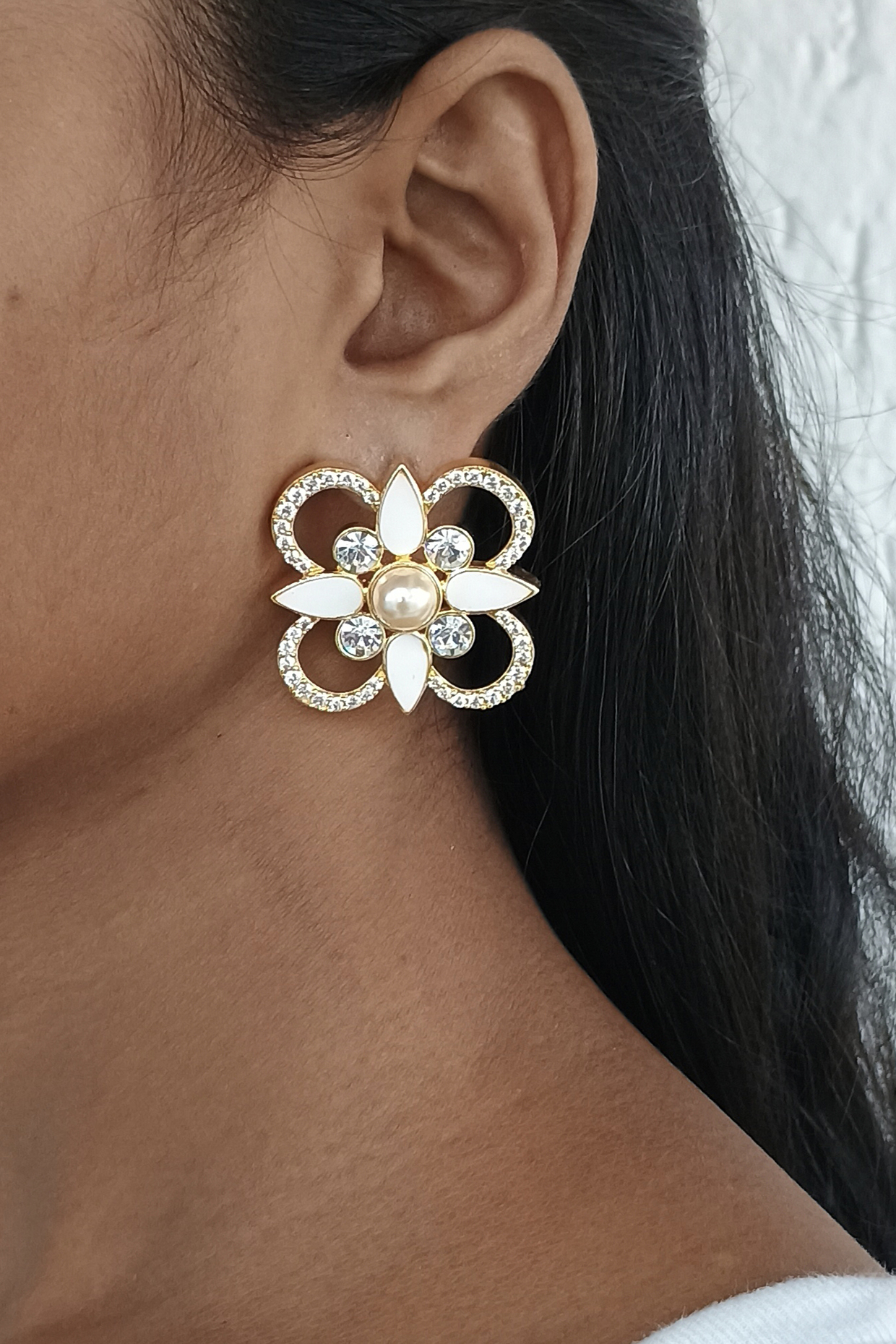 Gold Finish Swarovski Crystal & Pearl White Enameled Stud Earrings by BBLINGG at Pernia's Pop Up Shop