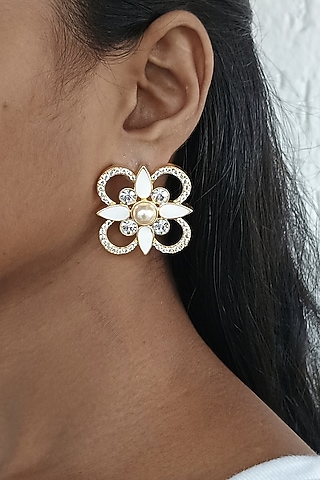 Gold Finish Swarovski Crystal & Pearl White Enameled Stud Earrings by BBLINGG
