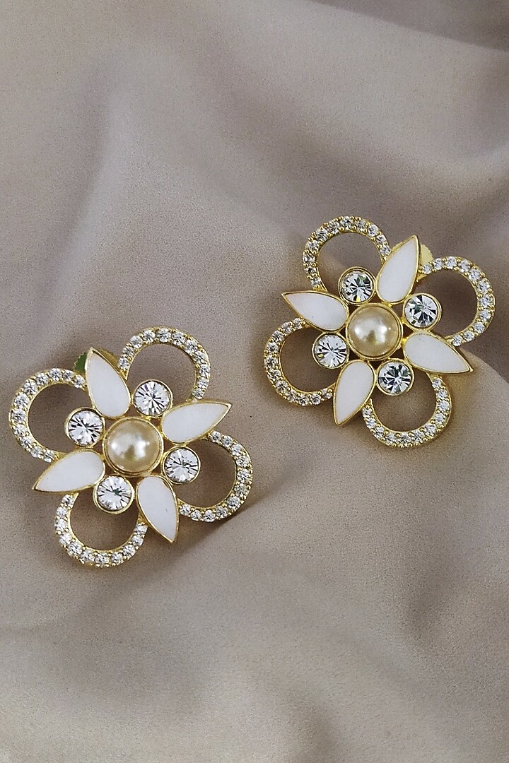 Gold Finish Swarovski Crystal & Pearl White Enameled Stud Earrings by BBLINGG at Pernia's Pop Up Shop