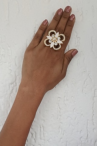 Gold Finish Swarovski Crystal & Pearl Adjustable White Enameled Adjustable Ring by BBLINGG