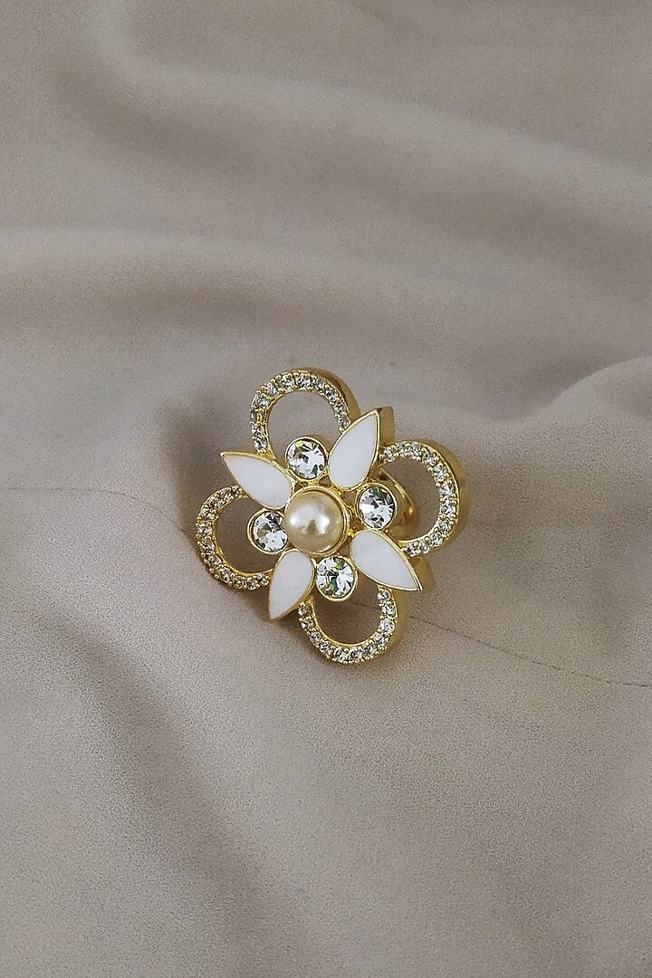 Gold Finish Swarovski Crystal & Pearl Adjustable White Enameled Adjustable Ring by BBLINGG at Pernia's Pop Up Shop